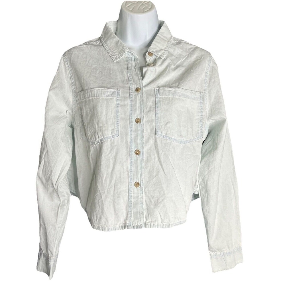 Passport Cropped Top Womens Small Denim Cotton Chambray Long Sleeve‎ Pin Hole